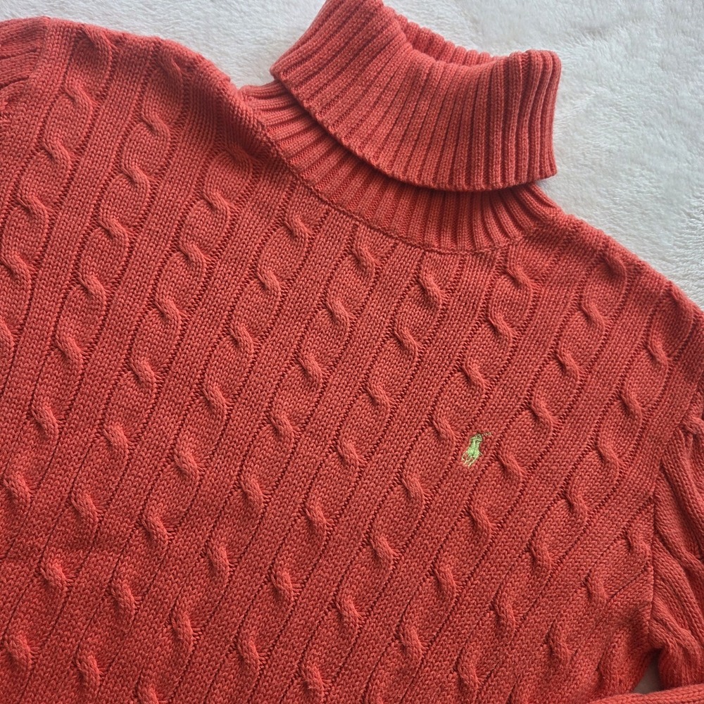 Ralph Lauren Coral Cable-Knit Turtleneck Sweater with Logo. M/L